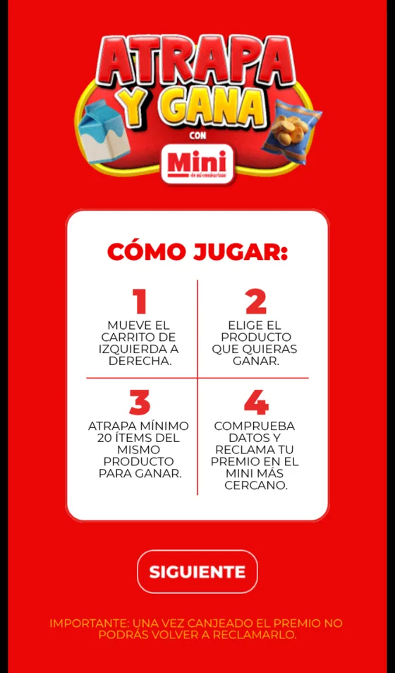 Pantalla del juego Atrapa y Gana con Mini