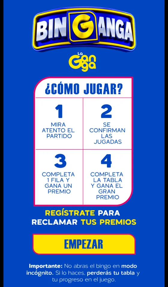 Pantalla de inicio de Binganga